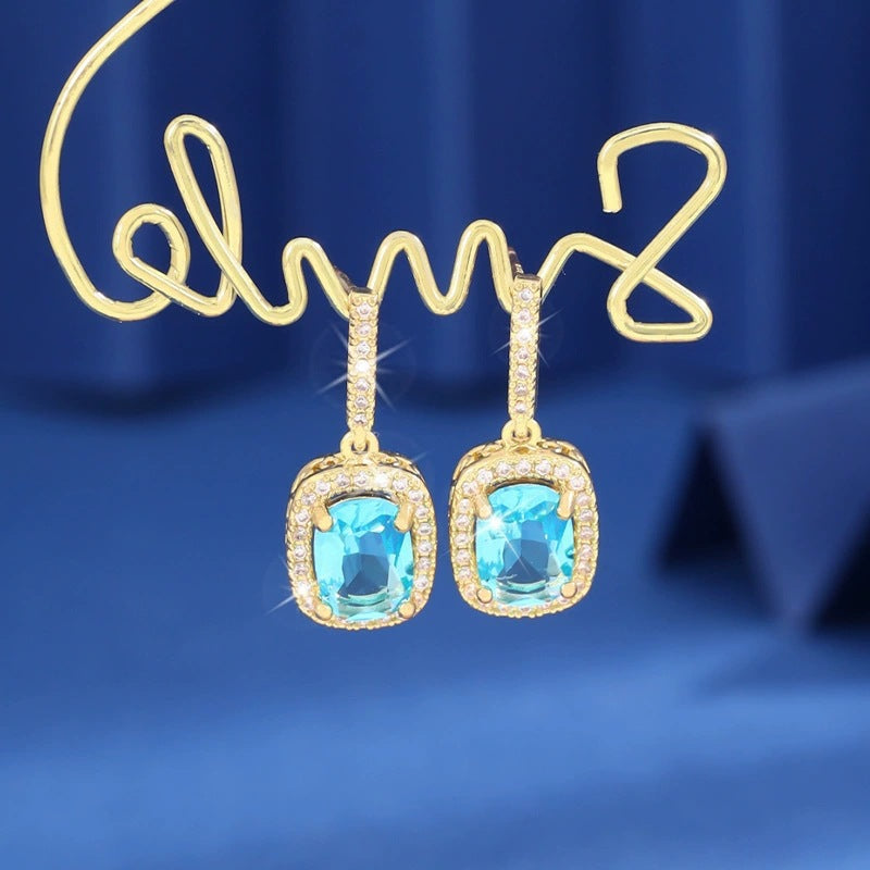 Square Stud Earrings For Women Featuring Bezel Setting With Copper Posts And Rhinestone Inlay