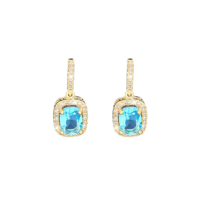 Square Stud Earrings For Women Featuring Bezel Setting With Copper Posts And Rhinestone Inlay