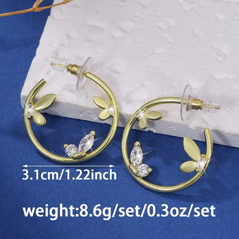 Circle Stud Earrings For Women Made Of Copper Featuring Zircon Inlay With Electroplated Finish And Copper Ear Pins