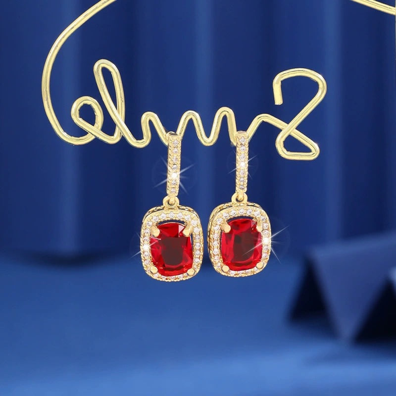 Square Stud Earrings For Women Featuring Bezel Setting With Copper Posts And Rhinestone Inlay