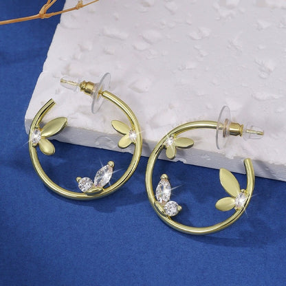 Circle Stud Earrings For Women Made Of Copper Featuring Zircon Inlay With Electroplated Finish And Copper Ear Pins