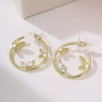 Circle Stud Earrings For Women Made Of Copper Featuring Zircon Inlay With Electroplated Finish And Copper Ear Pins