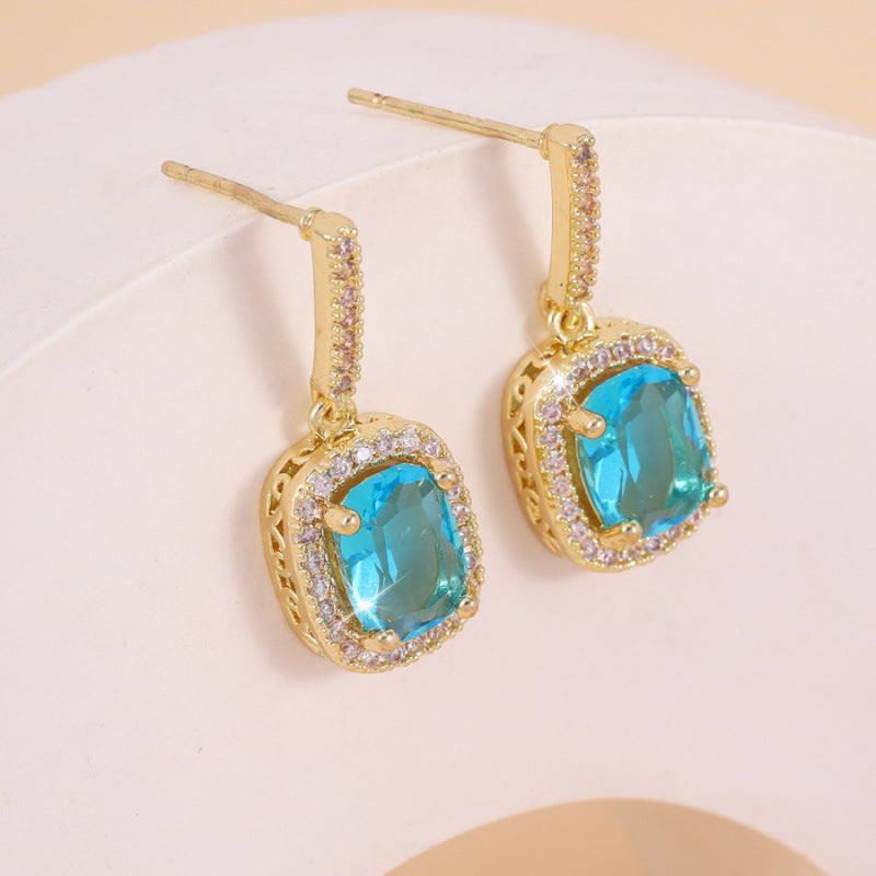 Square Stud Earrings For Women Featuring Bezel Setting With Copper Posts And Rhinestone Inlay