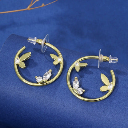 Circle Stud Earrings For Women Made Of Copper Featuring Zircon Inlay With Electroplated Finish And Copper Ear Pins