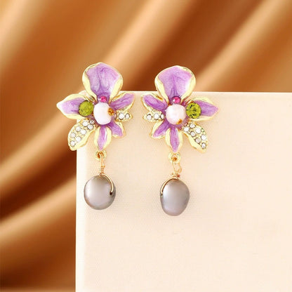 Sweet Ombre Flowers Earrings For Women In Copper With Zircon Inlay, Available As Stud Earrings