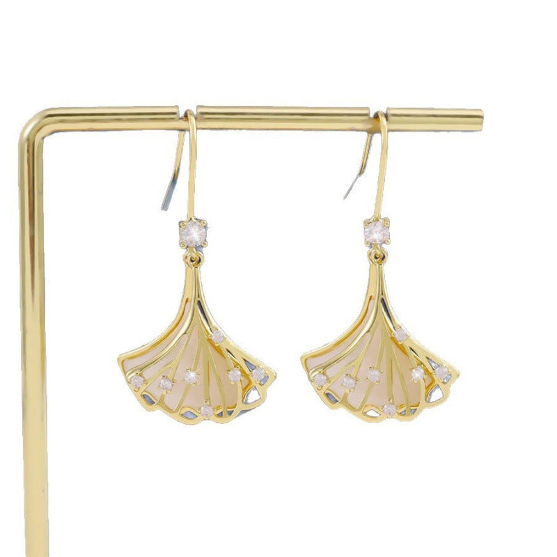 Ginkgo Leaf Stud Earrings For Women In Copper With Zircon Inlay, Featuring Retro Style