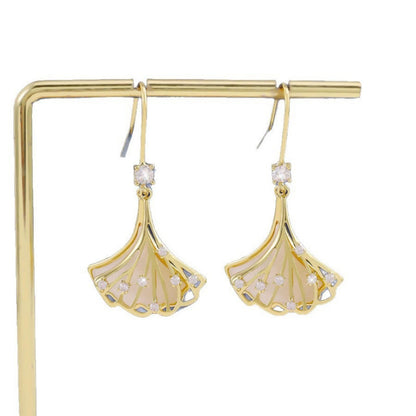 Ginkgo Leaf Stud Earrings For Women In Copper With Zircon Inlay, Featuring Retro Style
