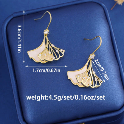 Ginkgo Leaf Stud Earrings For Women In Copper With Zircon Inlay, Featuring Retro Style