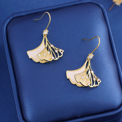 Ginkgo Leaf Stud Earrings For Women In Copper With Zircon Inlay, Featuring Retro Style
