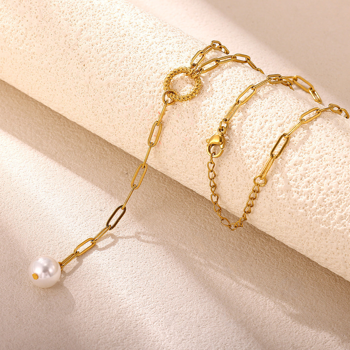 Baroque Y-Necklace Lariat With Flower Pattern In 304 Stainless Steel, 18K Gold Plated PVD, Imitation Pearl Cable Chain
