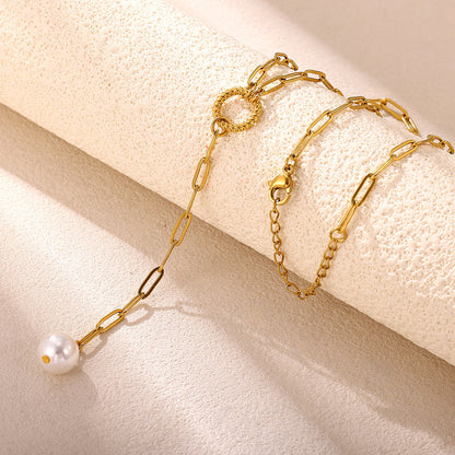 Baroque Y-Necklace Lariat With Flower Pattern In 304 Stainless Steel, 18K Gold Plated PVD, Imitation Pearl Cable Chain