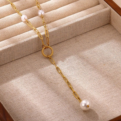 Baroque Y-Necklace Lariat With Flower Pattern In 304 Stainless Steel, 18K Gold Plated PVD, Imitation Pearl Cable Chain