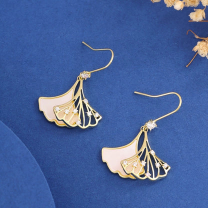 Ginkgo Leaf Stud Earrings For Women In Copper With Zircon Inlay, Featuring Retro Style