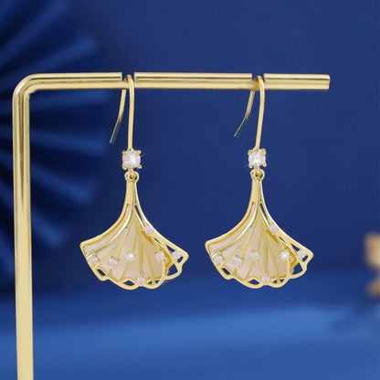 Ginkgo Leaf Stud Earrings For Women In Copper With Zircon Inlay, Featuring Retro Style