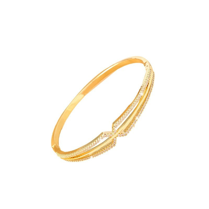 Irregular Inlay Copper Bangle With Zircon, Electroplated Gold Plating, For Women