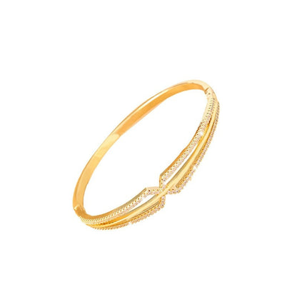 Irregular Inlay Copper Bangle With Zircon, Electroplated Gold Plating, For Women