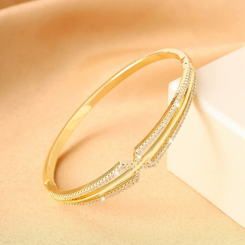 Irregular Inlay Copper Bangle With Zircon, Electroplated Gold Plating, For Women