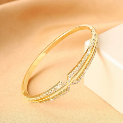 Irregular Inlay Copper Bangle With Zircon, Electroplated Gold Plating, For Women