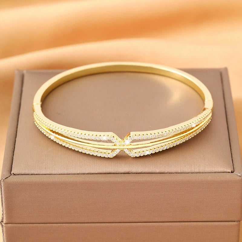 Irregular Inlay Copper Bangle With Zircon, Electroplated Gold Plating, For Women