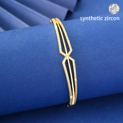 Irregular Inlay Copper Bangle With Zircon, Electroplated Gold Plating, For Women