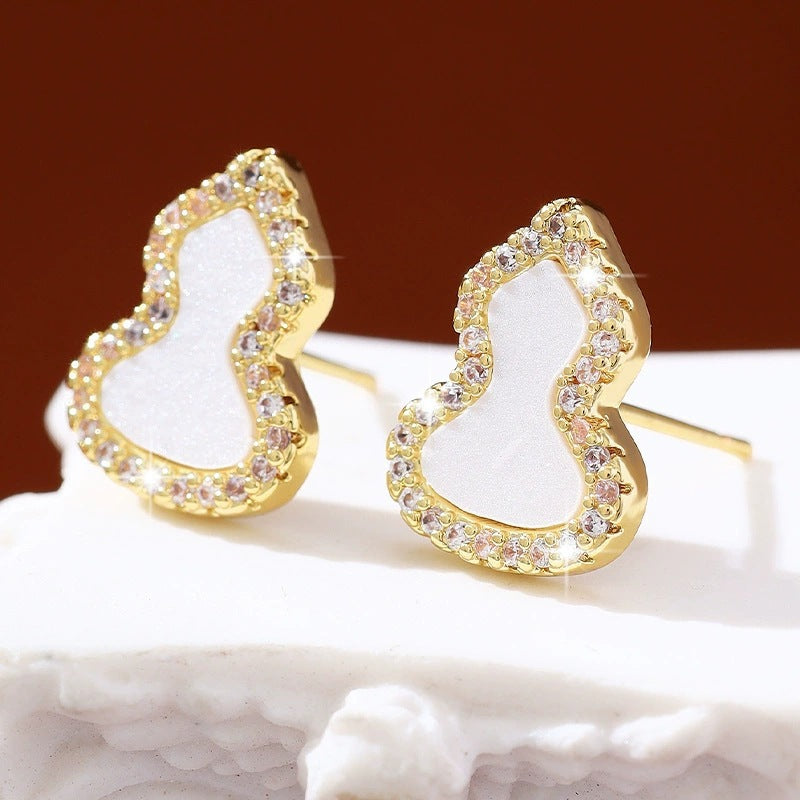 Gourd Stud Earrings For Women In Electroplated Copper With Rhinestones Inlay