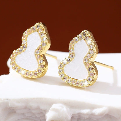 Gourd Stud Earrings For Women In Electroplated Copper With Rhinestones Inlay
