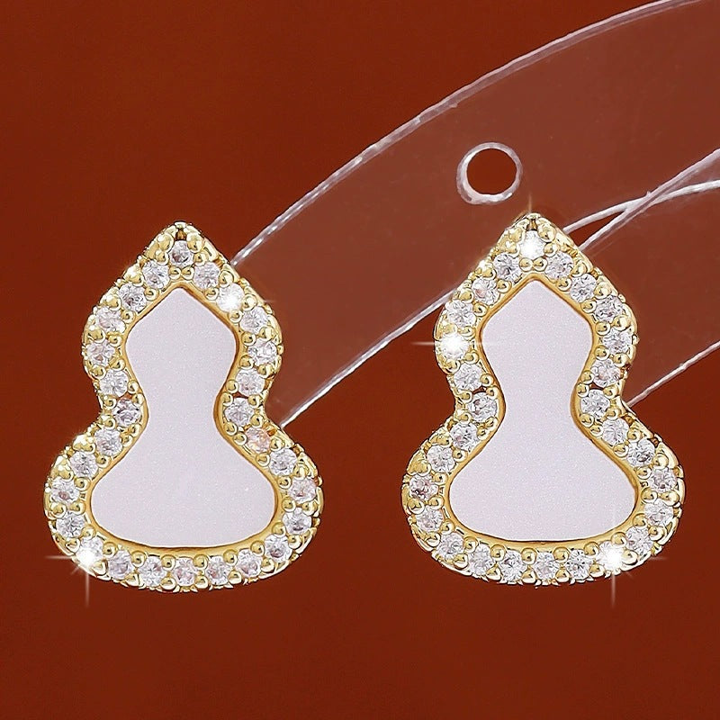 Gourd Stud Earrings For Women In Electroplated Copper With Rhinestones Inlay