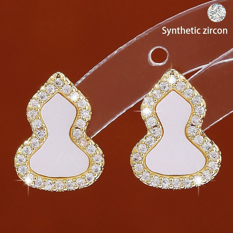 Gourd Stud Earrings For Women In Electroplated Copper With Rhinestones Inlay