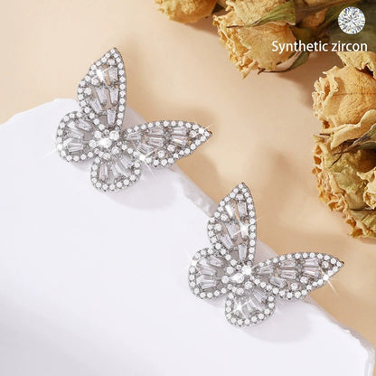 Butterfly Stud Earrings For Women In White Featuring Copper Ear Pins And Zircon Inlay