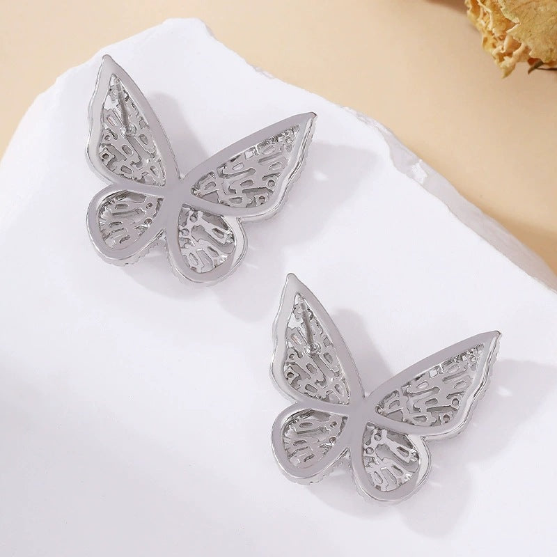 Butterfly Stud Earrings For Women In White Featuring Copper Ear Pins And Zircon Inlay