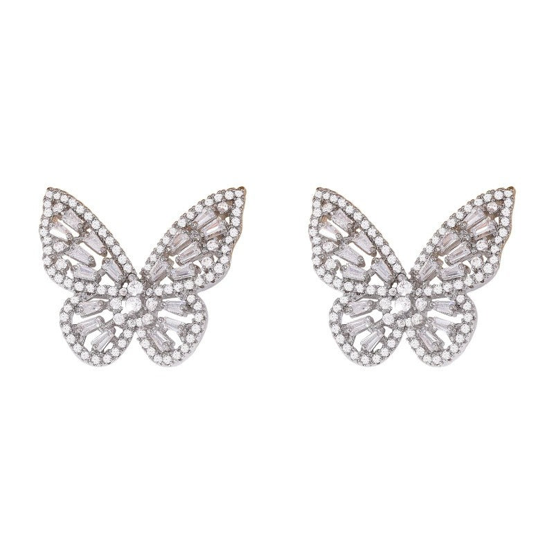 Butterfly Stud Earrings For Women In White Featuring Copper Ear Pins And Zircon Inlay