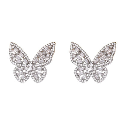 Butterfly Stud Earrings For Women In White Featuring Copper Ear Pins And Zircon Inlay