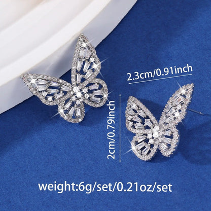Butterfly Stud Earrings For Women In White Featuring Copper Ear Pins And Zircon Inlay