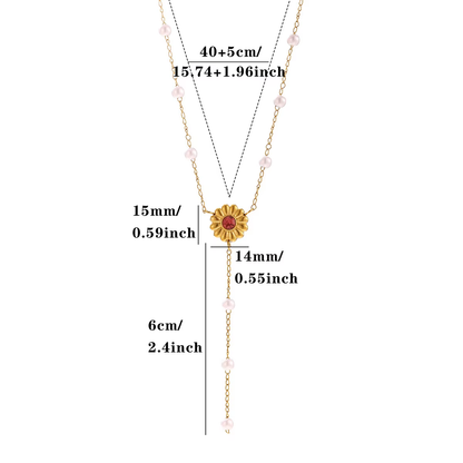 Baroque Y-Necklace Lariat With Flower Pattern In 304 Stainless Steel, 18K Gold Plated PVD, Imitation Pearl Cable Chain