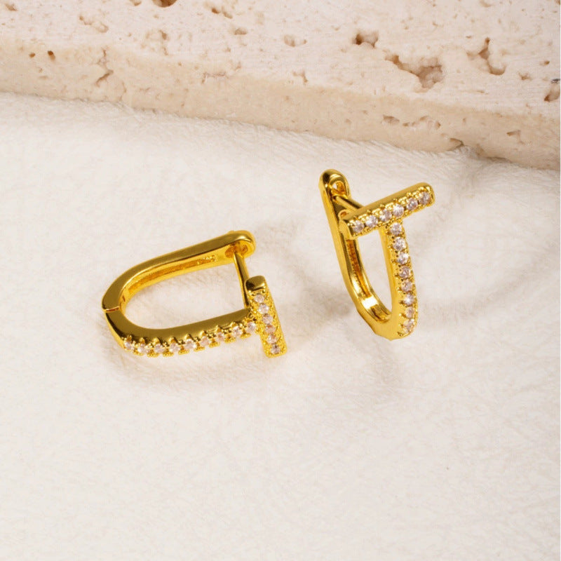 Geometric Stud Earrings For Women Featuring Copper Ear Pins And Zircon Inlay