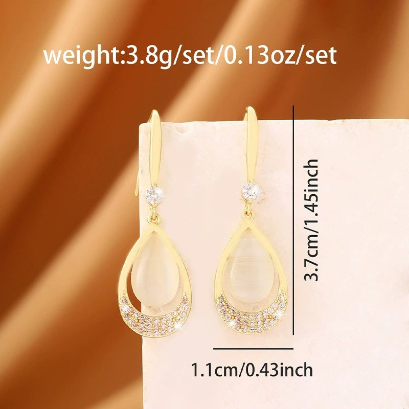 Water Droplets Drop Earrings For Women Featuring Cat's Eye Stone Inlay With Electroplated Finish And Copper Studs