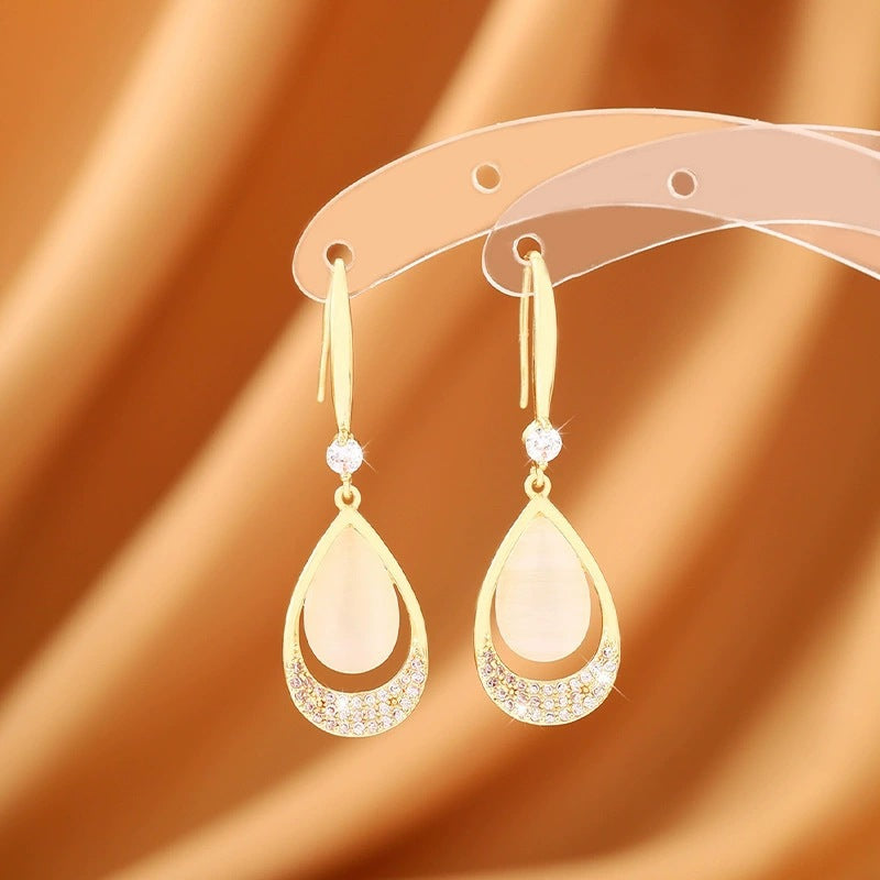 Water Droplets Drop Earrings For Women Featuring Cat's Eye Stone Inlay With Electroplated Finish And Copper Studs
