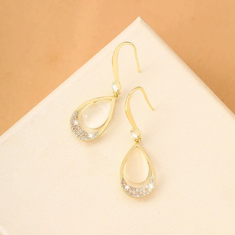 Water Droplets Drop Earrings For Women Featuring Cat's Eye Stone Inlay With Electroplated Finish And Copper Studs