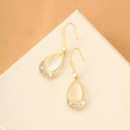 Water Droplets Drop Earrings For Women Featuring Cat's Eye Stone Inlay With Electroplated Finish And Copper Studs