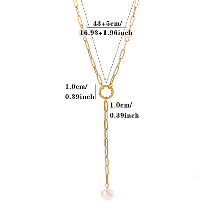 Baroque Y-Necklace Lariat With Flower Pattern In 304 Stainless Steel, 18K Gold Plated PVD, Imitation Pearl Cable Chain