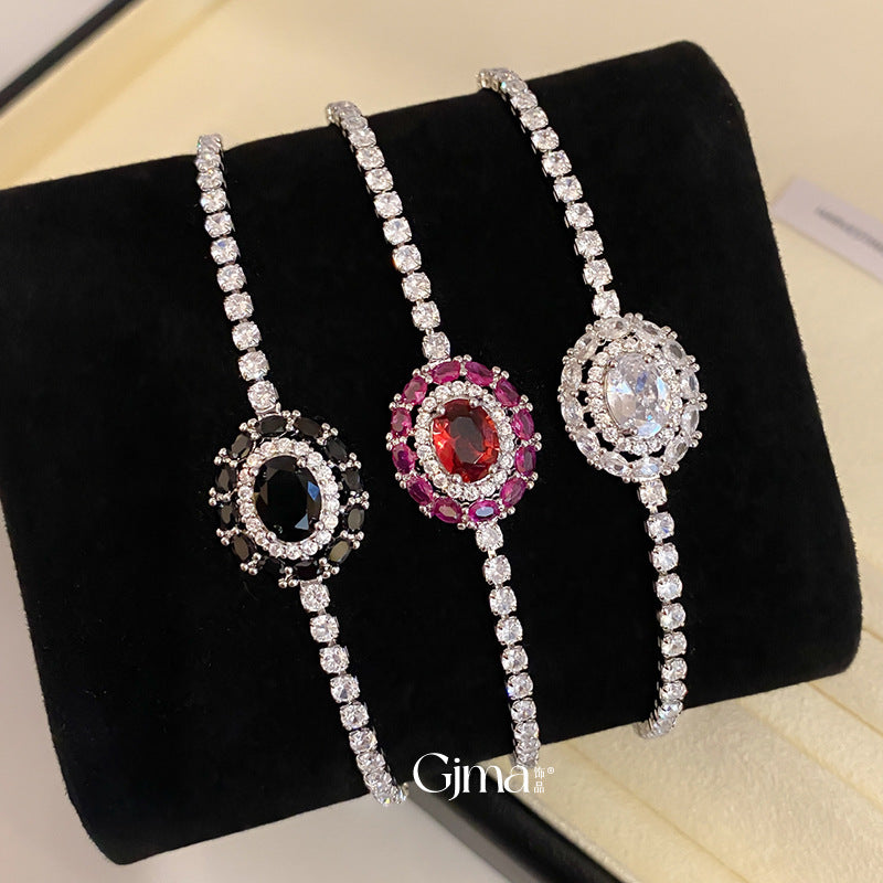 Vintage Style Oval Copper Bracelet For Women With Zircon Inlay In Silver
