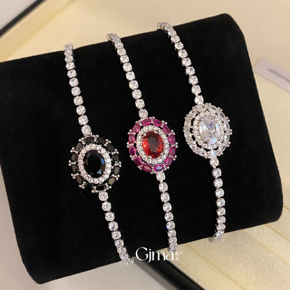 Vintage Style Oval Copper Bracelet For Women With Zircon Inlay In Silver