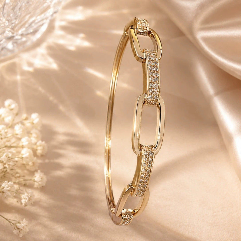 Simple Style Copper Paper Clip Bangle With Zircon Inlay In Gold