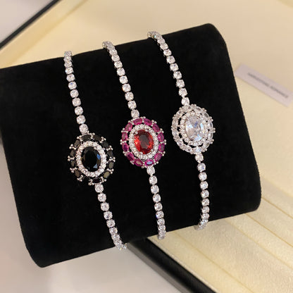 Vintage Style Oval Copper Bracelet For Women With Zircon Inlay In Silver