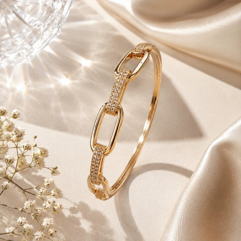 Simple Style Copper Paper Clip Bangle With Zircon Inlay In Gold