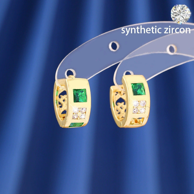 Simple Style Square Green Earrings For Women With Copper Ear Pins And Zircon Inlay