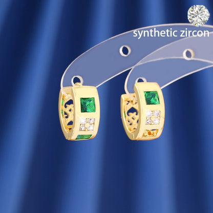 Simple Style Square Green Earrings For Women With Copper Ear Pins And Zircon Inlay