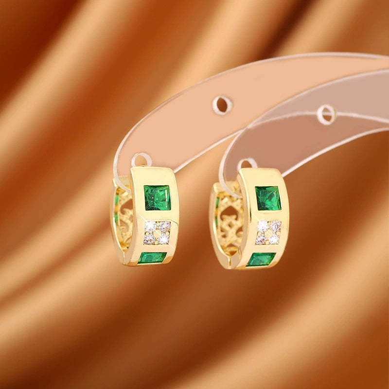 Simple Style Square Green Earrings For Women With Copper Ear Pins And Zircon Inlay