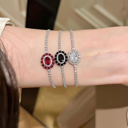 Vintage Style Oval Copper Bracelet For Women With Zircon Inlay In Silver