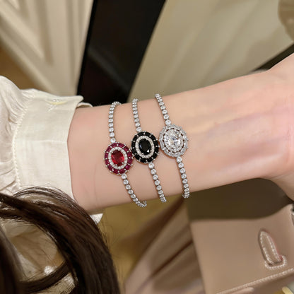 Vintage Style Oval Copper Bracelet For Women With Zircon Inlay In Silver